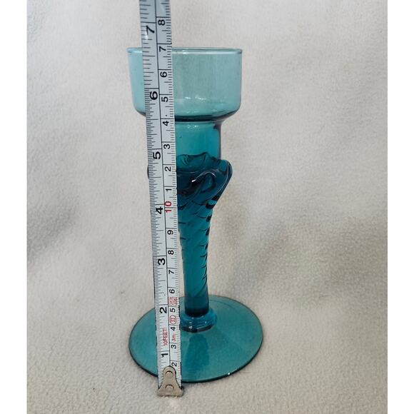 Vintage Peedee Glass Italy Empoli Blue Glass Twisted Stem Candle Holder Teal - Picture 7 of 7